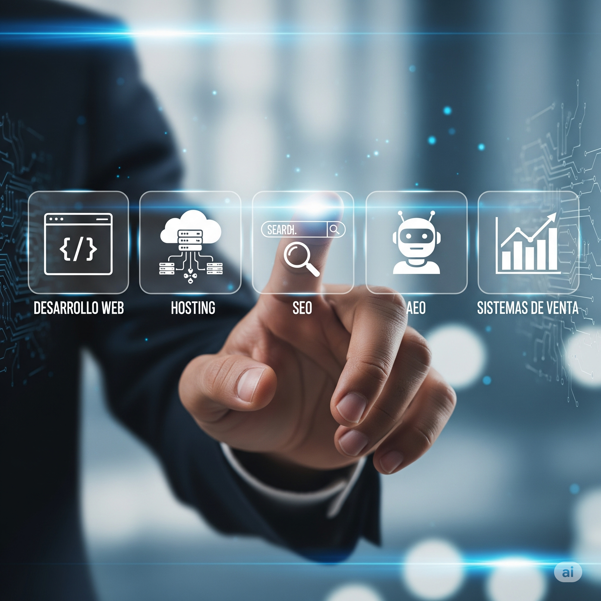 Red de íconos que representan Desarrollo Web, SEO, Hosting, AEO y Sistemas de Venta, unidos por líneas de luz