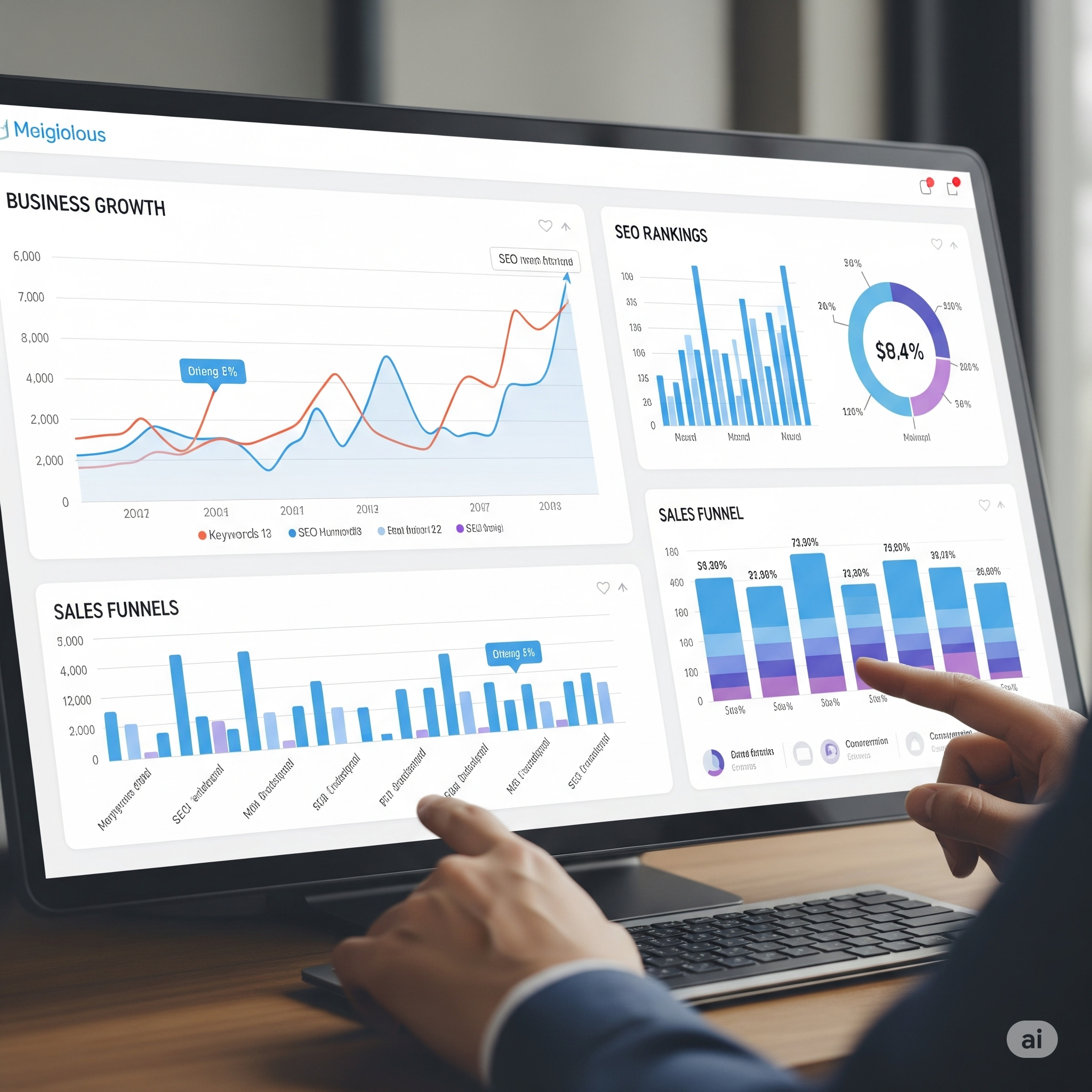 Gráficos de crecimiento de negocio mostrando posicionamiento SEO, AEO y un sistema de cotización y ventas eficiente